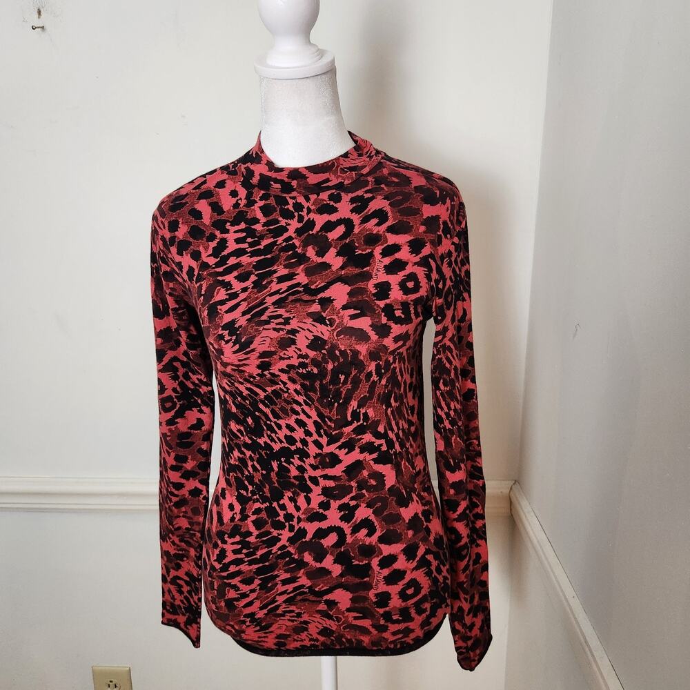 AllSaints Red Kiara Leopard Print TShirt Sz Small Womens Long Sleeve Animal Top